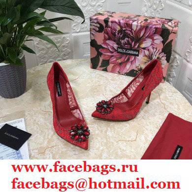 Dolce  &  Gabbana Heel 10.5cm Taormina Lace Pumps Red with Crystals 2021